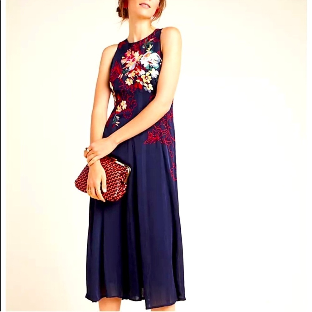 Anthropologie Tanzine Embroidered navy blue midi dress